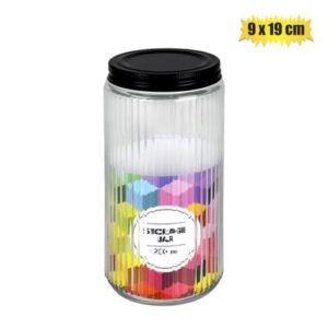 Storage-jar gls ribbed w/blk-lid 9x19cm