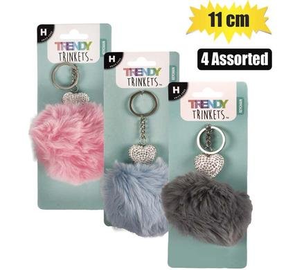 Keychain pom pom w/bling heart 11cm