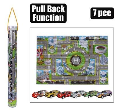Die cast set 7pc p/back racer p/mat 6cm